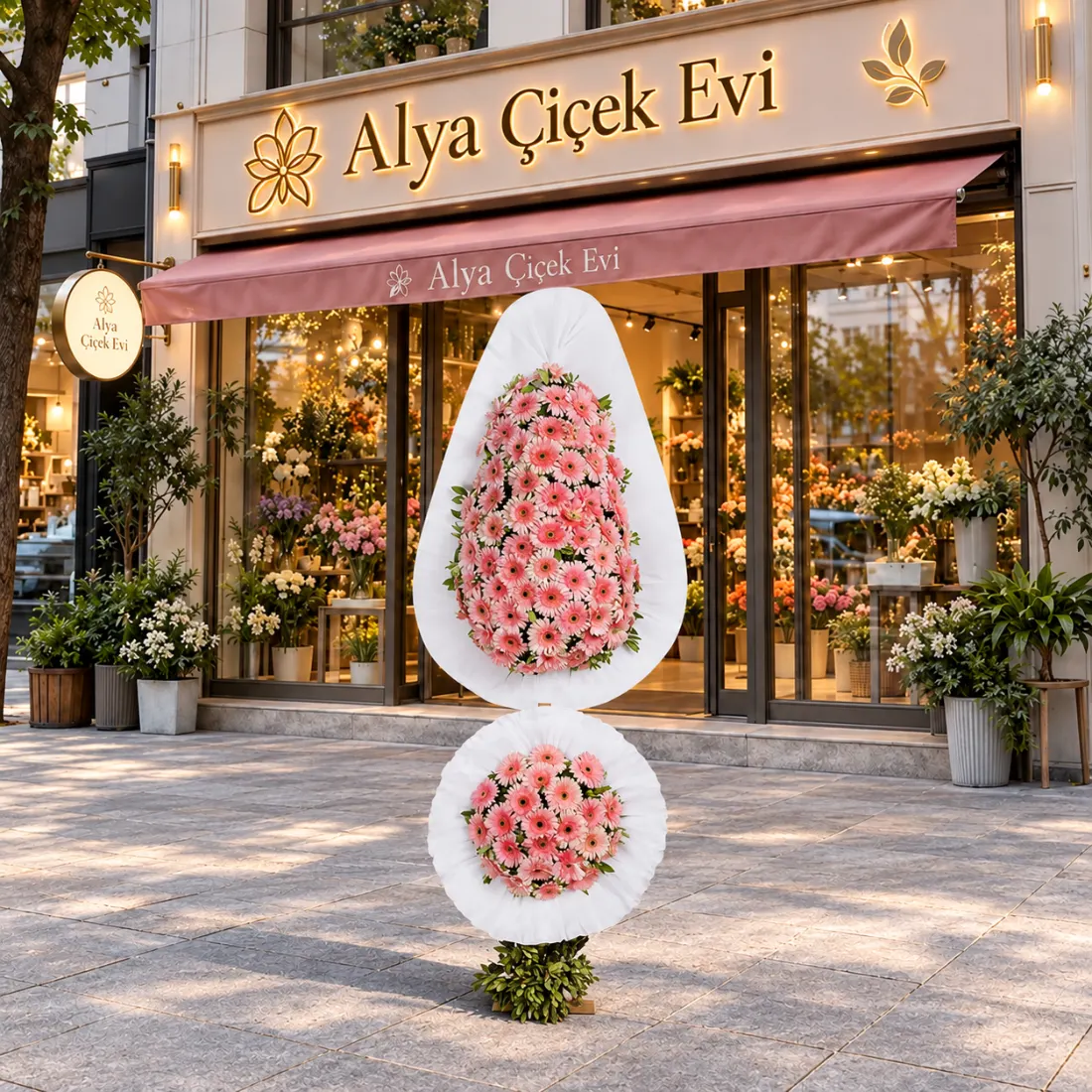 İkili Pembe Gerbera Çelengi – Beyaz Ambalajlı