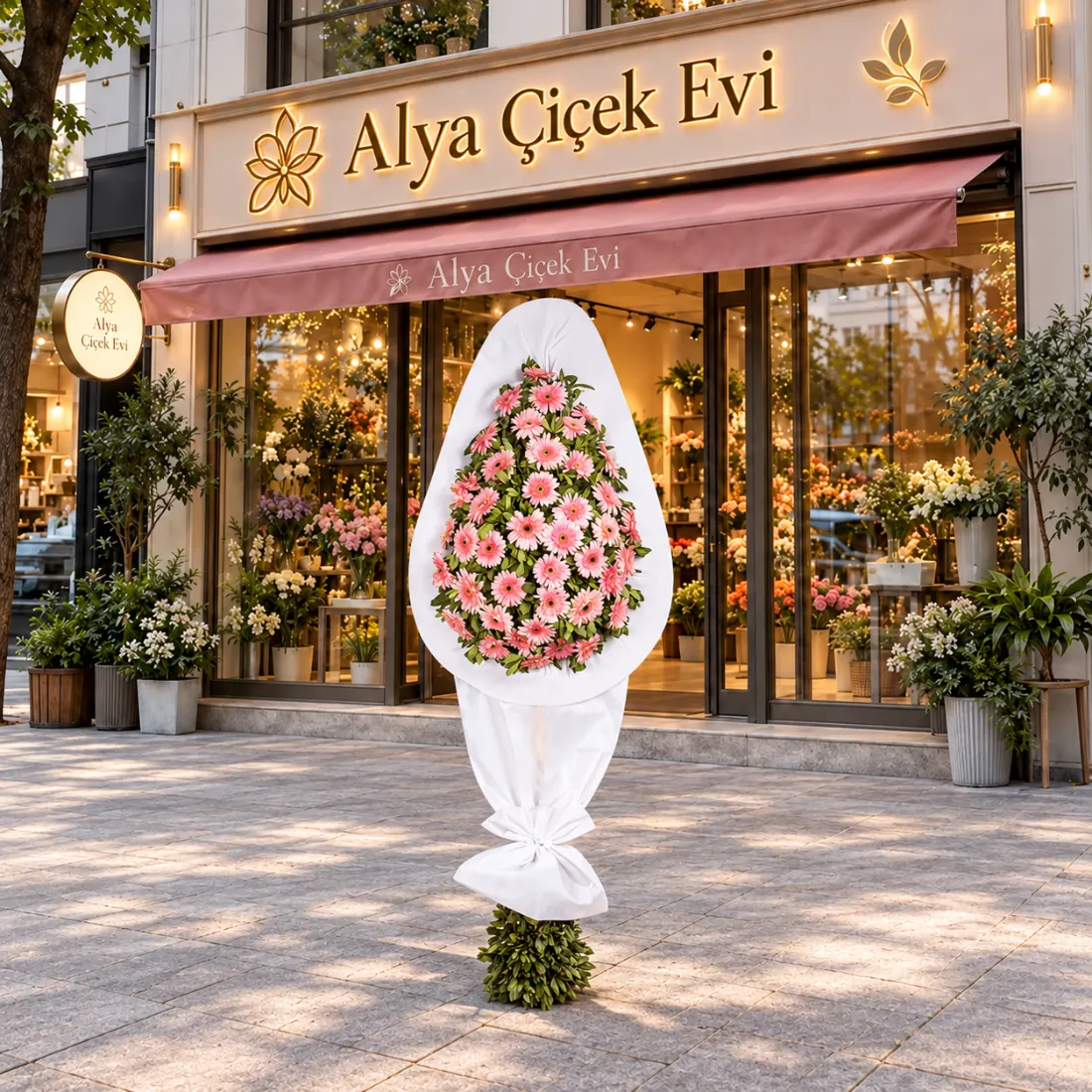Tekli Pembe Gerbera Çelengi – Beyaz Ambalajlı