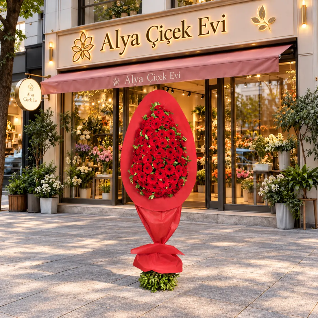 Tekli Kırmızı Gerbera Çelengi – Kırmızı Çerçeveli