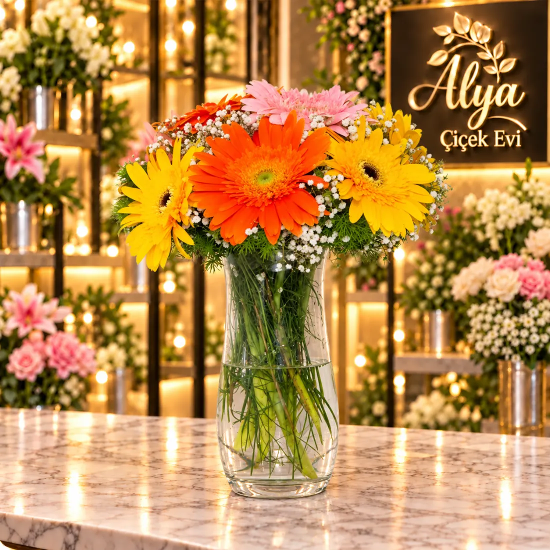 Gerbera Rüyası – Renkli Gerberalı Cam Vazo