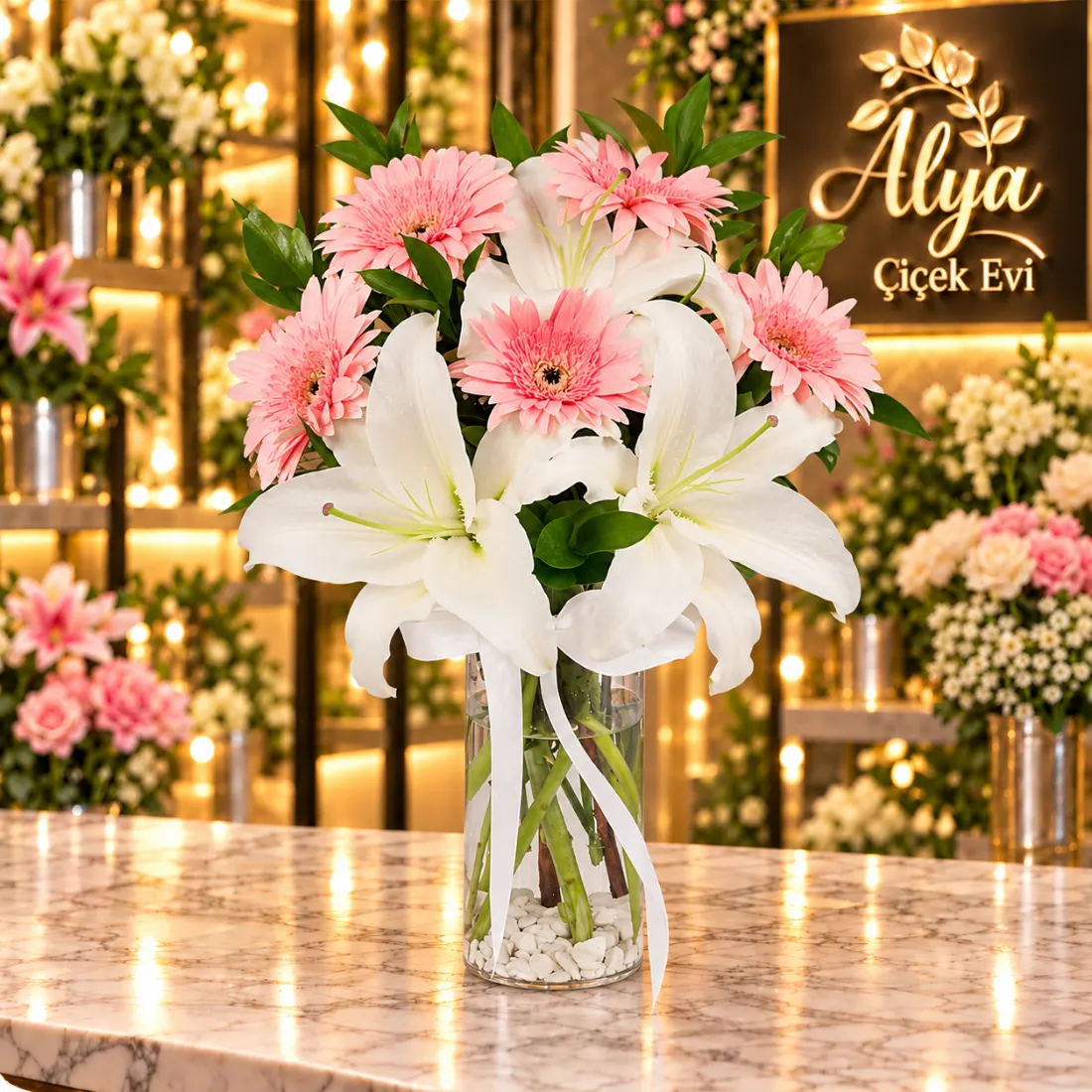 Beyaz Lilyum ve Pembe Gerbera – Cam Vazo