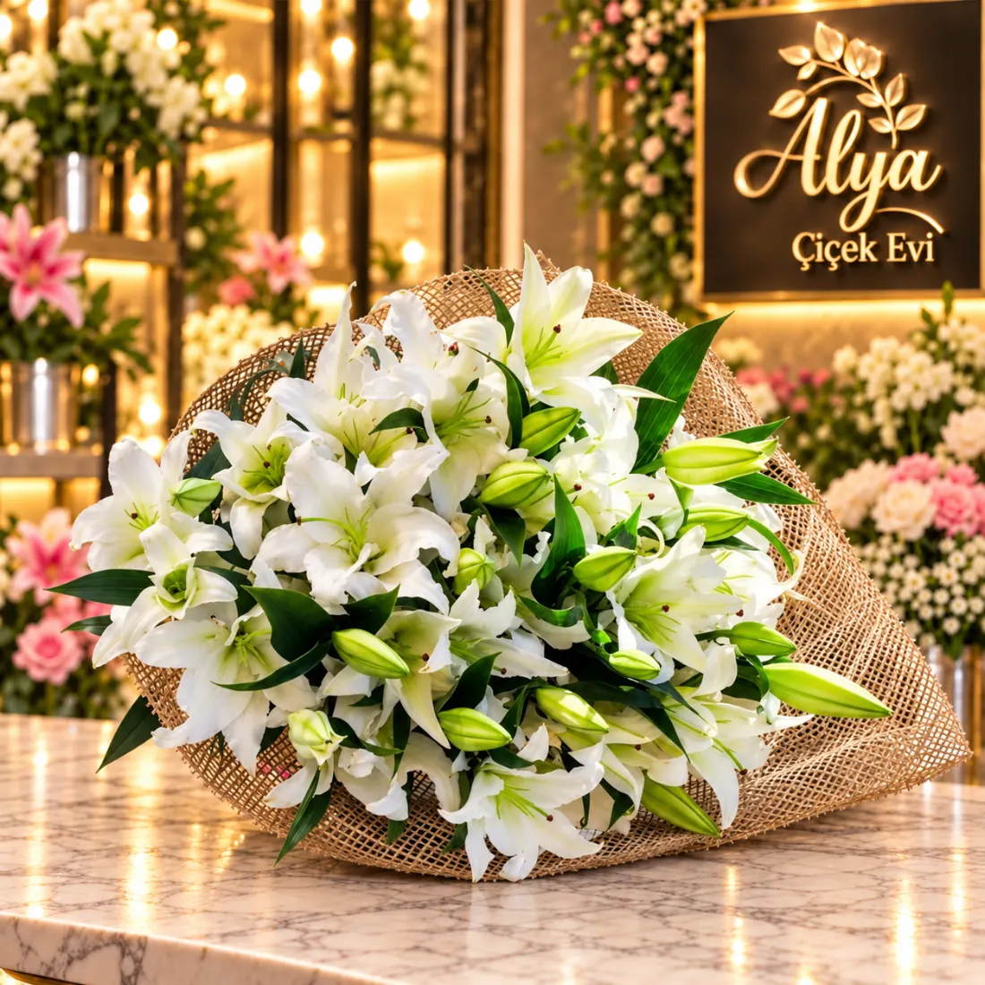 VIP Beyaz Lilyum Buketi – Jüt Ambalajlı